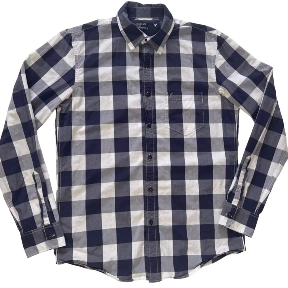 Men's American Eagle Vintage Fit Blue White Buffalo Plaid Shirt Long Sleeve - Picture 5 of 16